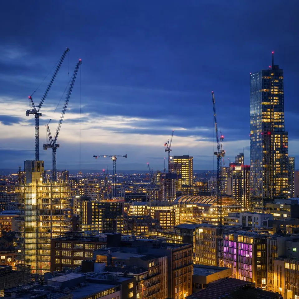 UK city skyline at dusk with construction cranes and lit towers