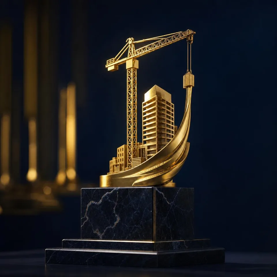 Close-up of a gold crane-and-tower trophy on a dark marble plinth