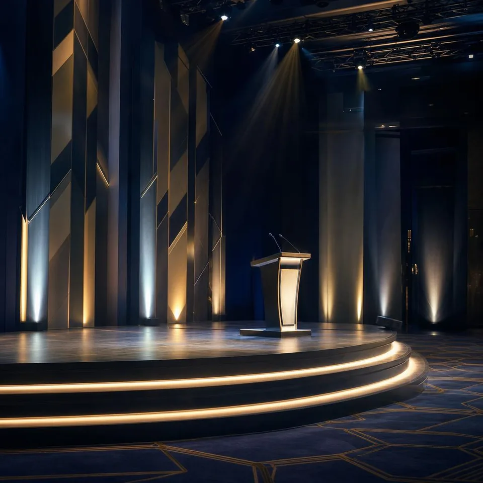 Empty awards venue stage lit by warm spotlights with a lectern at centre