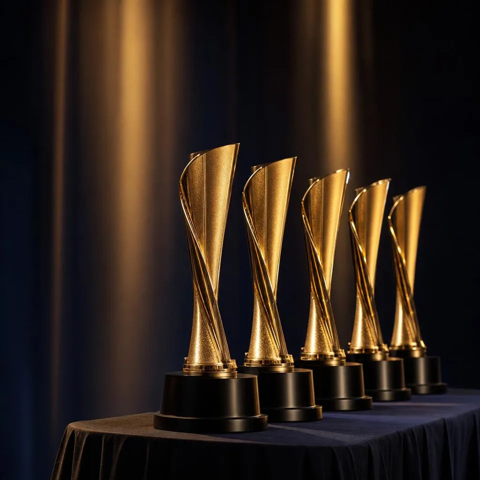 Row of gold trophies on a draped table under stage light